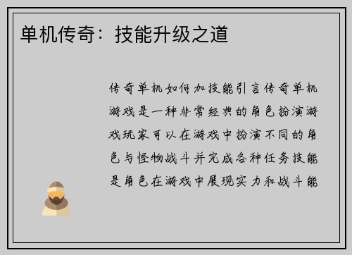 单机传奇：技能升级之道