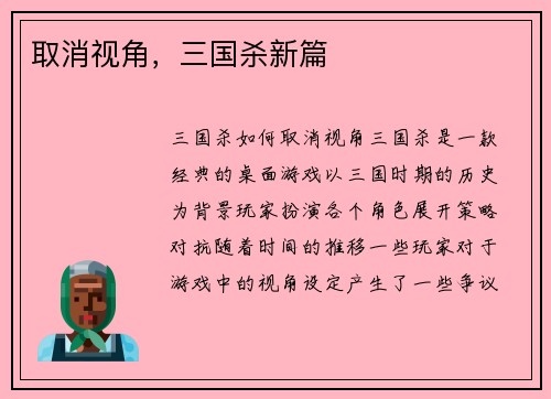 取消视角，三国杀新篇